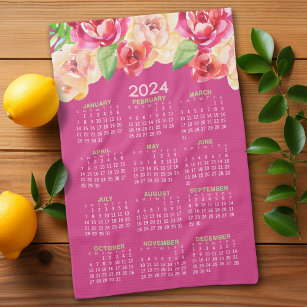 2024 Calendar Painted Watercolor Flowers hot pink Kitchen Towel