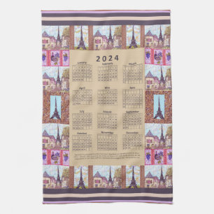 2024 Calendar Paris Eiffel Tower Pointillism Art Kitchen Towel