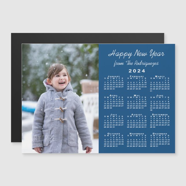 2024 Calendar Photo Happy New Year Blue Magnet (Front/Back)