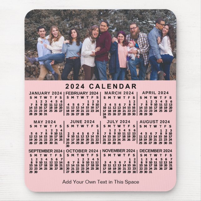 2024 Calendar Pink Personalized Photo Name Bold Mouse Pad (Front)