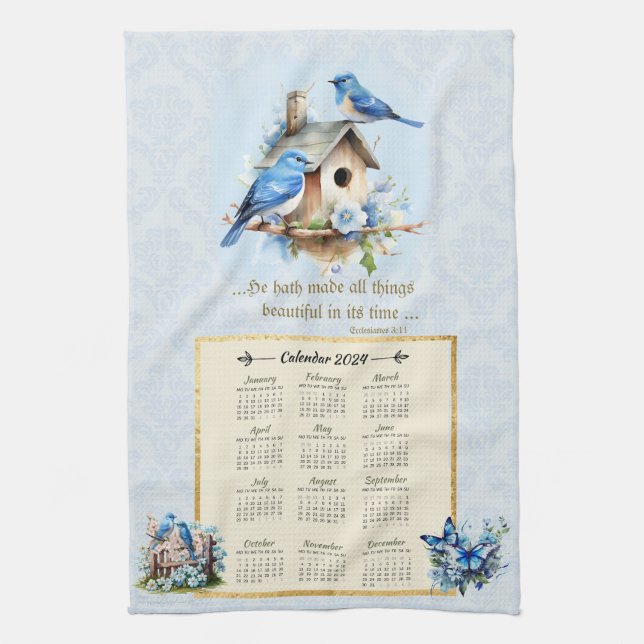 2024 Calendar Towel Bluebirds Birdhouse Ecc 3:11 (Vertical)