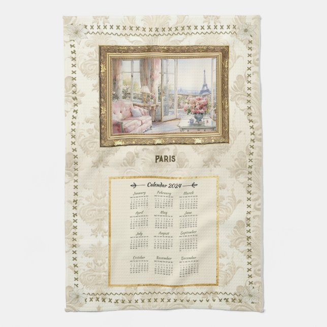 2024 Calendar Towel Paris View Custom Message (Vertical)
