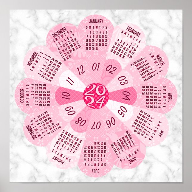 2024 Calendar Unique Round Boho Pink Flower Poster (Front)