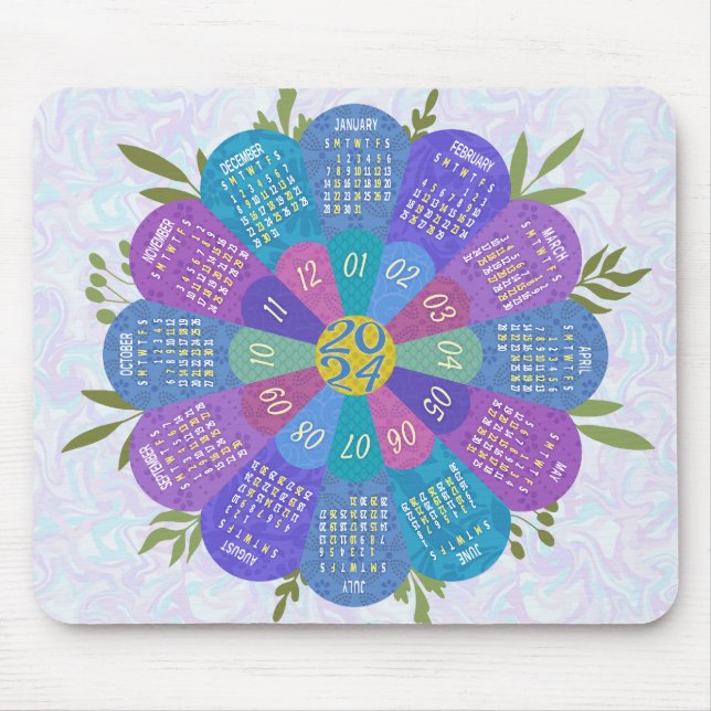 2024 Calendar Unique Round Boho Purple Flower Mouse Pad (Front)