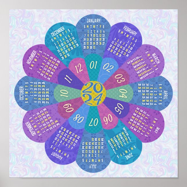 2024 Calendar Unique Round Boho Purple Flower Poster (Front)