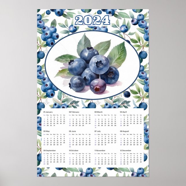 2024 Calendar Vintage Blueberries Watercolor  Poster (Front)