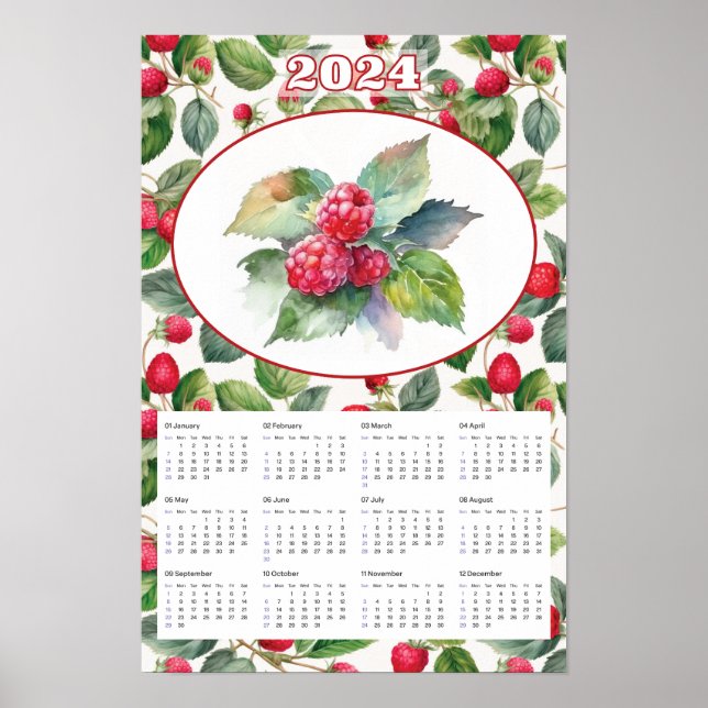 2024 Calendar Vintage Raspberries Watercolor  Poster (Front)