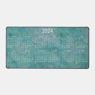 2024 Calendar Watercolor Turquoise Golden Dots Desk Mat