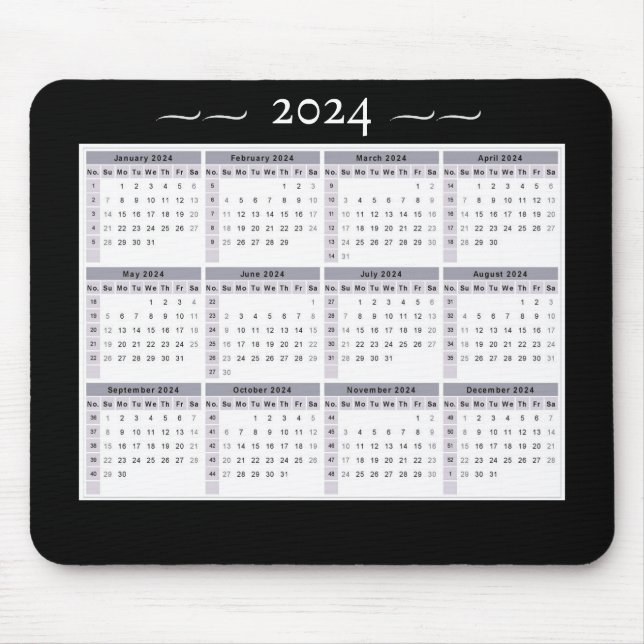 2024 Calendar Weekly Black White Large Print Mouse Pad (Front)