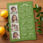 2024 Calendar with 4 Photo Collage - green Kitchen Towel<br><div class="desc">A 4 photo collage with a 2024 calendar. A fun item for the New Year. Add 4 square photos to this design. With a little bit of work,  you can change the background colour and the calendar colour when you click on the customize option and choose different colours.</div>
