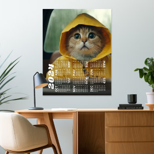 2024 Calendar with cute cat dressed in yellow Poster