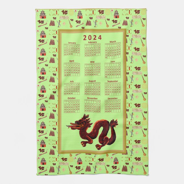 2024 Calendar Year of The Dragon Music Luck Kitchen Towel (Vertical)