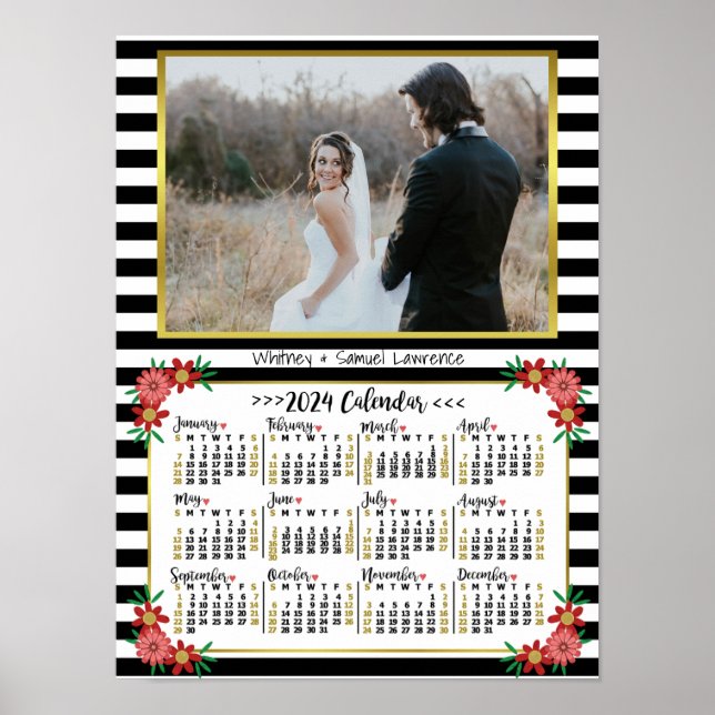 2024 Calendar Year Preppy Floral Stripes | Photo Poster (Front)