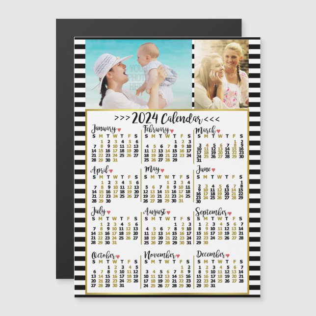 2024 Calendar Year Preppy Stripes | Custom Photos Magnetic Invitation (Front/Back)