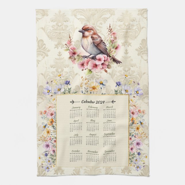 2024 Calendrier Épervier de serviette avec Fleurs  (Vertical)