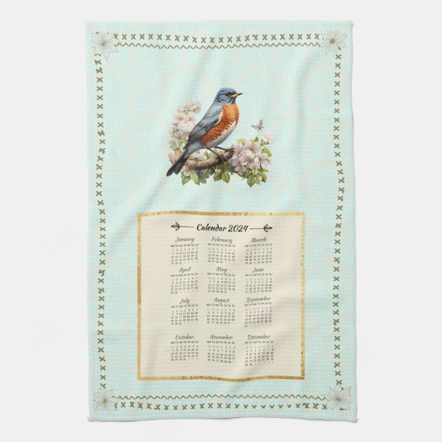 2024 Calendrier Serviette Robin Oiseau Aqua Damask (Vertical)