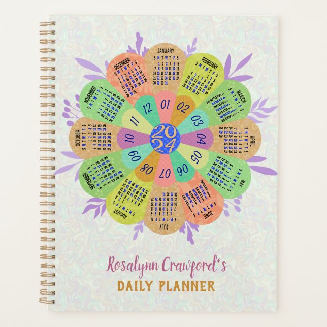 2024 Calendrier Unique Boho Retro Flower Nom perso (Devant)