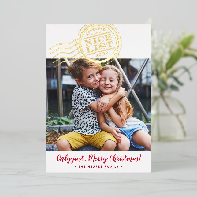 2024 CHRISTMAS PHOTO cute kids Nice List stamp Foil Holiday Card (Standing Front)