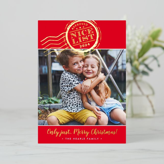 2024 CHRISTMAS PHOTO cute kids Nice List stamp red Foil Holiday Card (Standing Front)