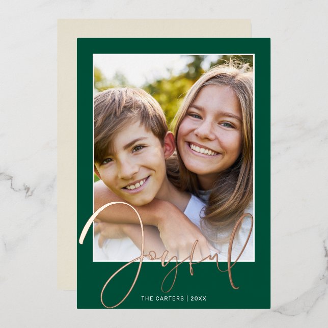 2024 CHRISTMAS PHOTO fun script gold joyful green Foil Holiday Card (Front/Back)