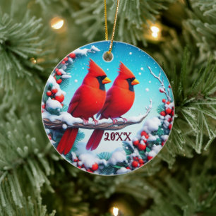 2024 Custom Traditional Red Cardinal Winter Scene Ceramic Ornament