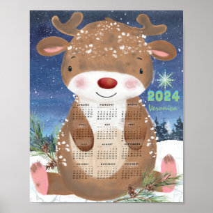 2024 Cute Reinndeer Monthly Calendar Poster