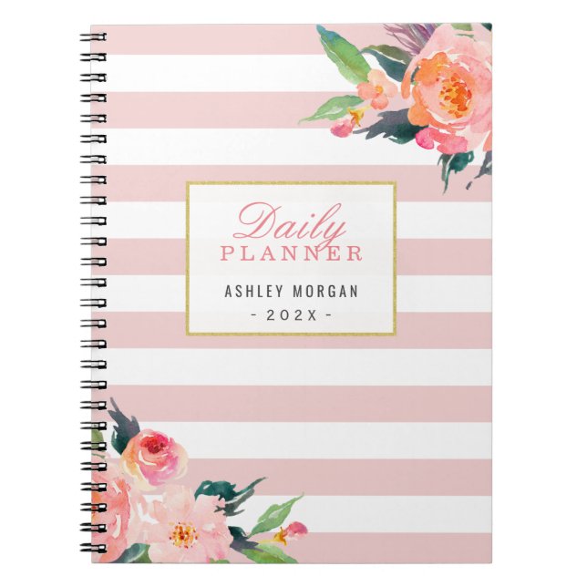 2024 Daily Planner | Girly Pink Stripes Floral Notebook (Front)