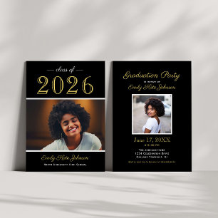 2024 Elegant Black Gold Photo Graduation Party Invitation