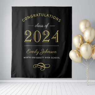 2024 Elegant Gold and Black Custom Graduation Tapestry