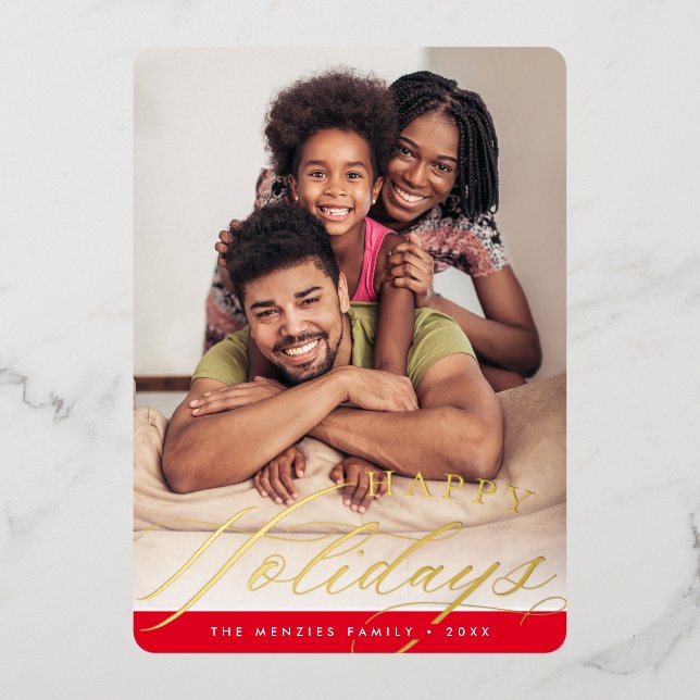 2024 FAMILY PHOTO elegant calligraphy red gold Foil Holiday Card (Front)