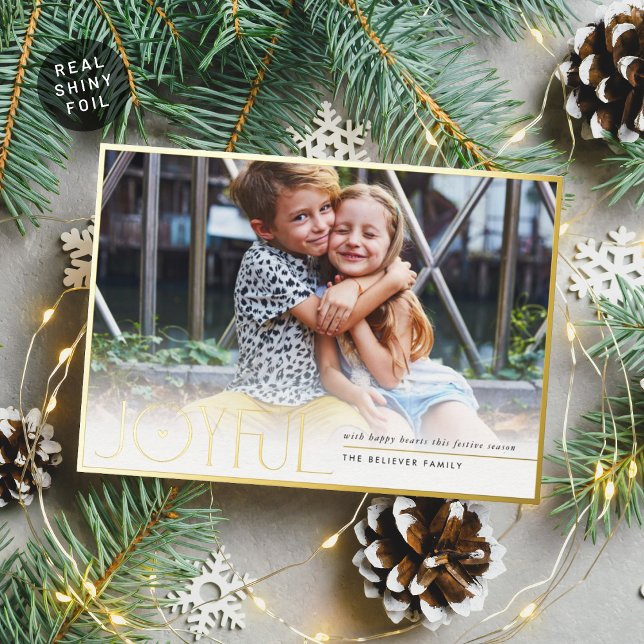 2024 FAMILY PHOTO modern kids JOYFUL heart red Foil Holiday Card (Creator Uploaded)