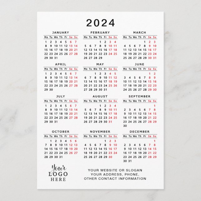 2024 Full Year Calendar White Black Red Minimal Program (Front)