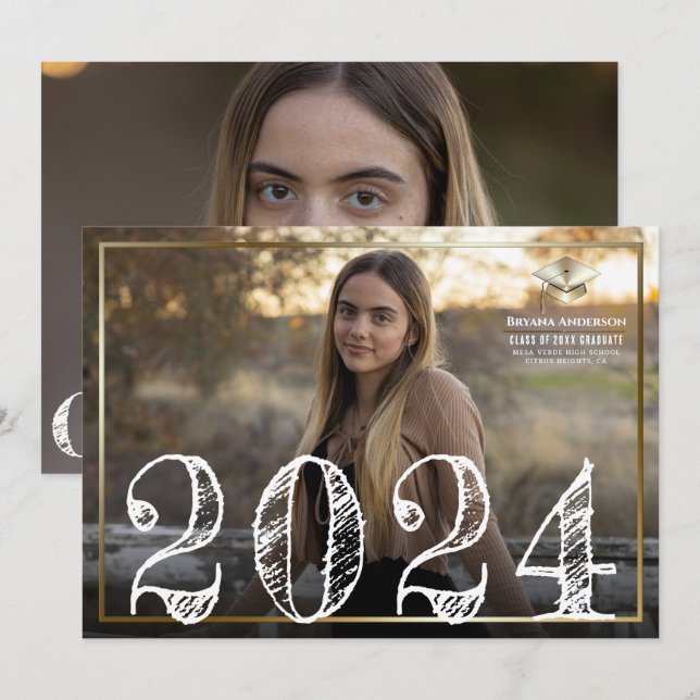 2024 Gold Border Cap Graduation Photo Announcement (Front/Back)
