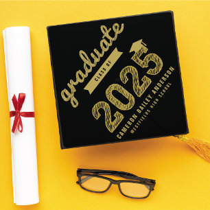 2024 Gold Graduate Bold Sketched Typography Modern Graduation Cap Topper