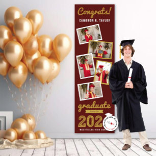 2024 Gold Sketch 5 Photo Collage Graduation Party Banner