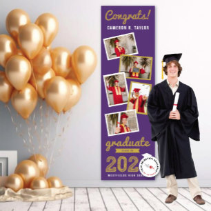 2024 Gold Sketch 5 Photo Collage Graduation Party Banner
