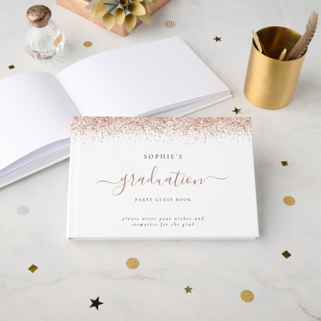 2024 Grad Rose Gold Glitter Graduation Party Guest Book (Front Open)
