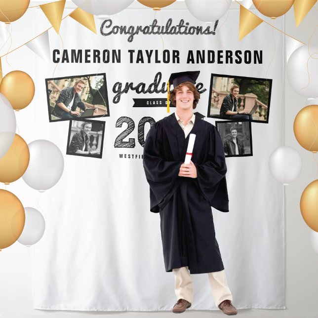 2024 Graduate Sketch Graduation 4 Photo Backdrop Tapestry (2024 Black Sketch Graduation Party 4 Photo Backdrop by fat*fa*tin @ www.zazzle.com/color_therapy)