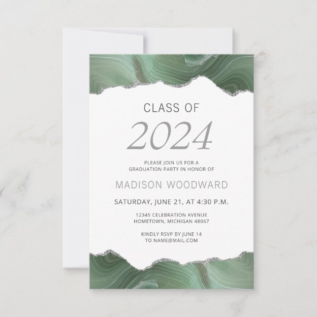 2024 Graduation Photo Sage Green Silver Agate Invitation (Front)