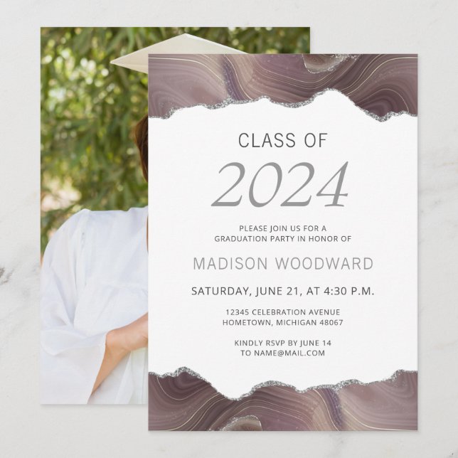 2024 Graduation Photo Taupe Silver Agate Invitation (Front/Back)
