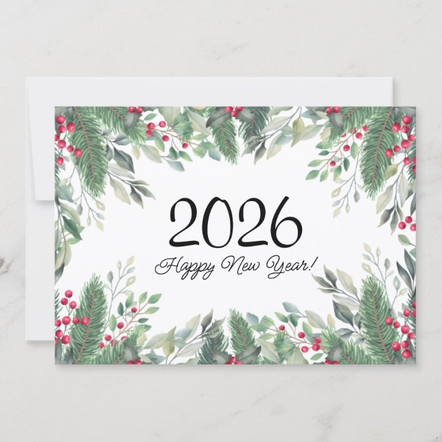 2024,Happy new year!holiday greenery red berries  Card (Front)