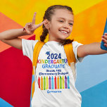 2024 Kindergarten Graduate Cute Crayon Custom Kids T-Shirt<br><div class="desc">This cute customizable 2024 kindergarten graduate t-shirt features a cool grad cap above colourful writing and a row of crayons in rainbow. A great kindergartner graduate keepsake tee in fun colours for the last day of elementary school with your kid's name personalized in blue. Congratulations to our kinder graduates!</div>