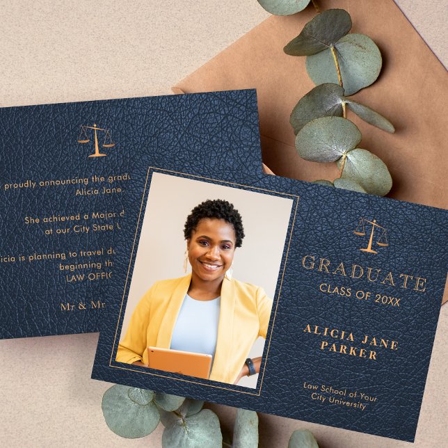 2024 Law school graduation navy gold photo Announcement (Creator Uploaded)