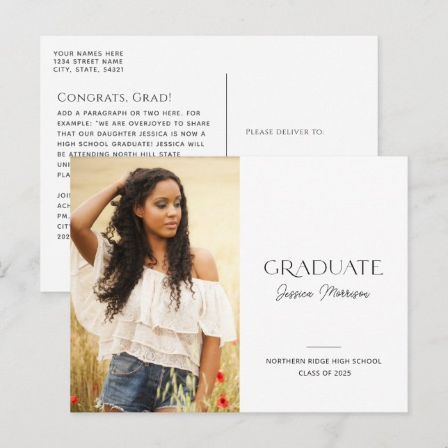 2024 Minimalist Black & White 1-Photo Graduation Postcard (Front/Back)