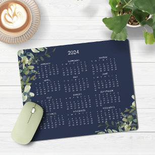 2024 Modern Navy Blue Eucalyptus Calendar Mouse Pad