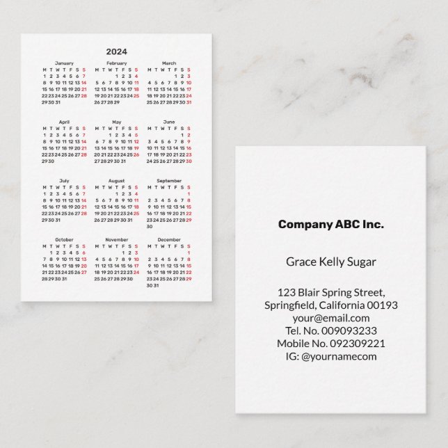 2024 Monday Start Mini-Calendar All White Business Card (Front/Back)