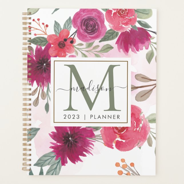 2024 Monogram Watercolor Floral Weekly Monthly Planner (Front)