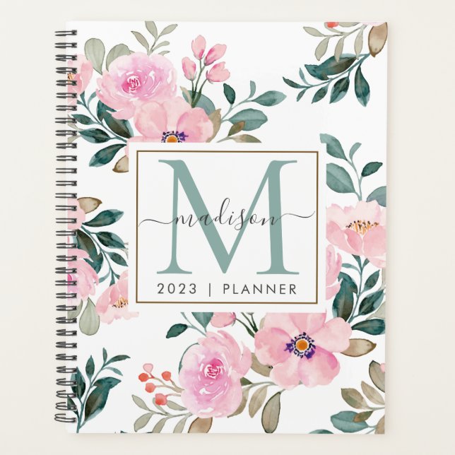 2024 Monogram Watercolor Floral Weekly Monthly Planner (Front)