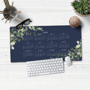 2024 Navy Blue Greenery Calendar Desk Mat