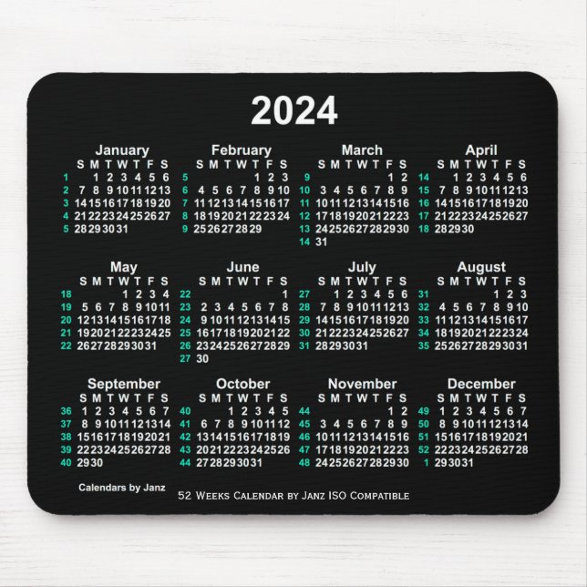 2024 Neon White 52 Weeks ISO Calendar by Janz Mouse Pad (Front)